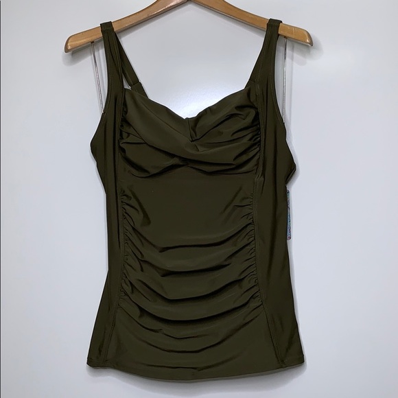 NWT YONIQUE Olive Ruched Twist Tankini Swim Top - Picture 2 of 15